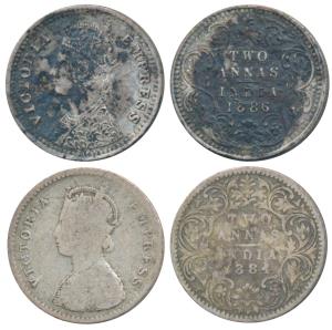 Victoria Empress, Silver 2 Annas, 1884, Bombay Mint, A / I / B raised, (Prid 533); 1886, B