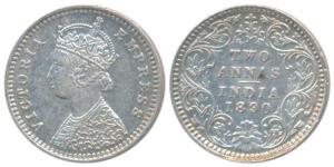 Victoria Empress, Silver 2 Annas, 1890, Calcutta Mint, B / II / C incuse (Prid 505). About