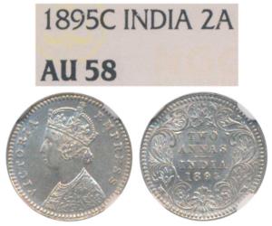 Victoria Empress, Silver 2 Annas, 1895, Calcutta Mint, B / II / C incuse (Prid 510). Grade