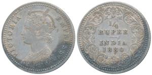 Victoria Empress, Silver ¼ Rupee, 1880, Calcutta Mint, C / II / C incuse, (Prid 385). Very