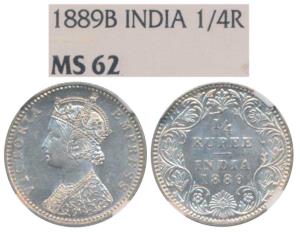 Victoria Empress, Silver ¼ Rupee, 1889, Bombay Mint, C / II / B incuse, (Prid 423). Graded