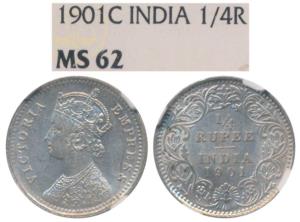 Victoria Empress, Silver ¼ Rupee, 1901 Calcutta Mint, C / II / C incuse, (Prid 404). Grade