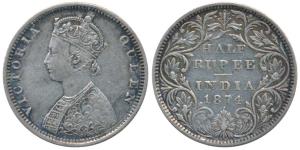 Victoria Queen, Silver ½ Rupee, 1874, Bombay Mint, B1 / II / dot, (Prid 284). Very Fine.