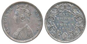 Victoria Queen, Silver ½ Rupee, 1874, Bombay Mint, B2 / II / dot, (Prid 285). Very nice un