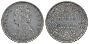 Victoria Queen, Silver ½ Rupee, 1875, Calcutta Mint, A / I / No mint mark, (Prid 260). Edg