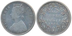 Victoria Empress, Silver ½ Rupee, 1884, Bombay Mint, A / II / No mint mark, Mule, reverse 