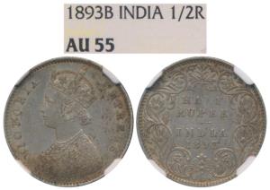 Victoria Empress, Silver ½ Rupee, 1893, Bombay Mint, A / I / B incuse, (Prid 303). Graded 