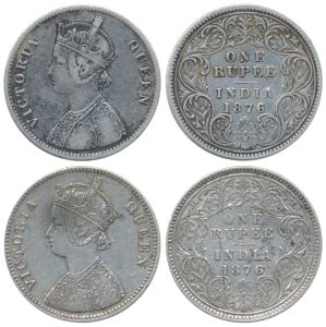 Victoria Queen, Silver Rupee (2), 1876, Calcutta Mint, A1 / I / C incused. About Very Fine