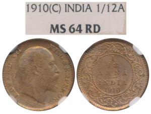 Edward VII, Copper 1/12 Anna, 1910, Calcutta Mint (Prid 826). Graded by NGC MS64RD.
