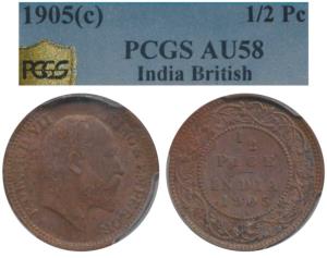 Edward VII, Copper ½ Pice, 1905, Calcutta Mint (Prid 738). Graded by PCGS AU58, Rare in hi