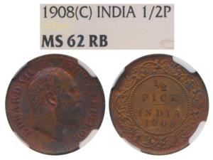 Edward VII, Copper ½ Pice, 1908, Calcutta Mint (Prid 742). Graded by NGC MS62RB, Rare in h