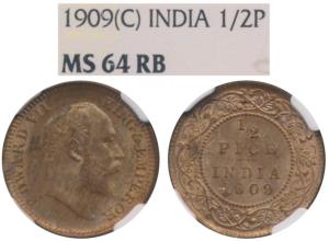 Edward VII, Copper ½ Pice, 1909, Calcutta Mint (Prid 743). Graded by NGC MS64RB, Rare in h