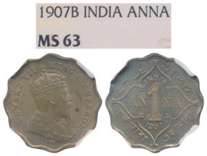 Edward VII, Copper Nickel Anna, 1907, Bombay Mint (Prid 926). Graded by NGC MS63, Rare.