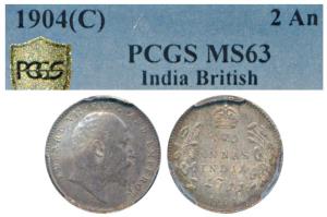 Edward VII, Silver 2 Annas, 1904, Calcutta Mint (Prid 557). Graded by PCGS MS63.