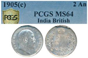 Edward VII, Silver 2 Annas, 1905, Calcutta Mint (Prid 558). Graded by PCGS MS64.
