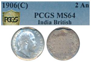 Edward VII, Silver 2 Annas, 1906, Calcutta Mint (Prid 559). Graded by PCGS MS64.