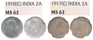 Edward VII, Silver 2 Annas, 1910; George V, Silver 2 Annas, 1917, both Calcutta Mint. Both