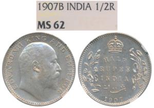 Edward VII, Silver ½ Rupee, 1907, Bombay Mint, B incuse and dot, (Prid 316). Graded by NGC