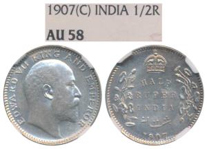 Edward VII, Silver ½ Rupee, 1907, Calcutta Mint, No mint mark, (Prid 311). Graded by PCGS 