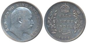 Edward VII, Silver ½ Rupee, 1908, Calcutta Mint, No mint mark, (Prid 312). About Extremely