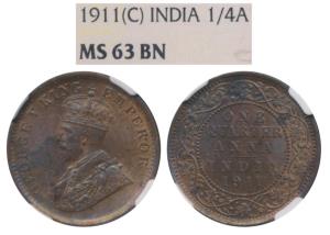 George V, Copper ¼ Anna, 1911, Calcutta Mint (Prid 656). Graded by NGC MS63BN, Very Rare i