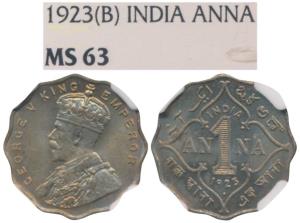 George V, Copper Nickel Anna, 1923, Bombay Mint (Prid 951). Graded by NGC MS63.