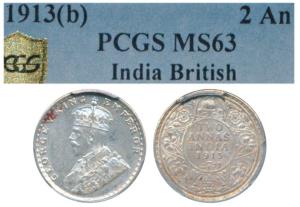 George V, Silver 2 Annas, 1913, Bombay Mint (Prid 572). Graded by PCGS MS63.