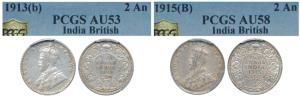 George V, Silver 2 Annas, 1913 & 1915, Bombay Mint (Prid 574). Both Graded by PCGS AU 53 a