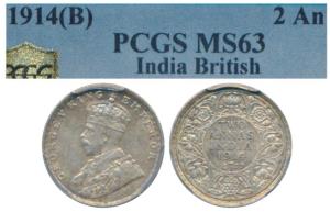 George V, Silver 2 Annas, 1914, Bombay Mint (Prid 573). Graded by PCGS MS63.