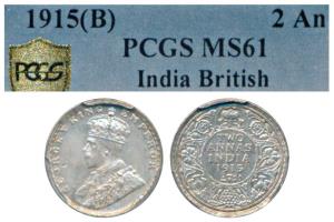 George V, Silver 2 Annas, 1915, Bombay Mint (Prid 574). Graded by PCGS MS61.
