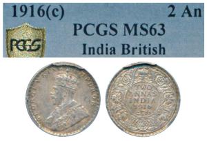 George V, Silver 2 Annas, 1916, Calcutta Mint, (Prid 569). Graded by PCGS MS63.