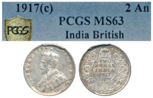 George V, Silver 2 Annas, 1917, Calcutta Mint (Prid 570). Graded by PCGS MS63.