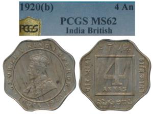 George V, Cupro-Nickel 4 Annas, 1920, Bombay Mint, (Prid 878). Graded by PCGS MS62, Rare i