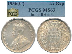 George V, Silver ½ Rupee, 1936, Calcutta Mint (Prid 335). Graded by PCGS MS63.