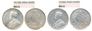 George V, Silver Rupee, 1912 & 1918 Bombay Mint, (KM 524). Both Graded by NGC MS61. (2)