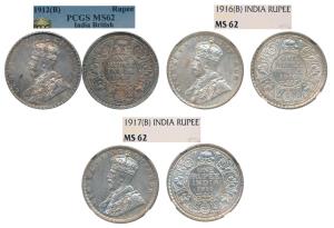 George V, Silver Rupee (3), 1912, 1916 & 1917 all Bombay Mint. The first Graded by PCGS, t