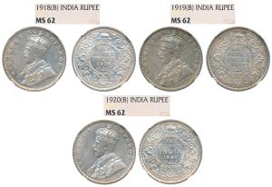 George V, Silver Rupee (3), 1918, 1919 & 1920 all Bombay Mint. All Graded by NGC MS62. (3)