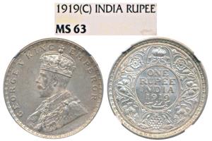 George V, Silver Rupee, 1919, Calcutta Mint (Prid 215). Graded by NGC MS63.