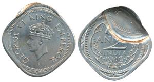 George VI, Cupro-Nickel 2 Annas, Error, part Brockage, a deep lakhi impression on rev., su