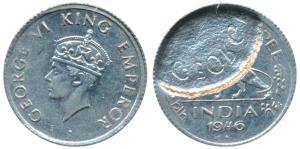 George VI, Cupro-Nickel ¼ Rupee, 1946, Error, part Brockage, a deep lakhi impression on re