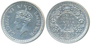George VI, Half Silver ½ Rupee, 1945, Lahore Mint, B / Ia / L, Large and open 5 in date, U