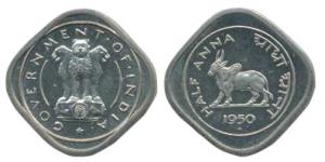 Anna Series, Cupro-Nickel ½ Anna, Bull walking to left, 1950. Proof, in Mint State, Rare.