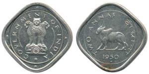 Anna Series, Cupro-Nickel 2 Annas, Bull walking to left, 1950. Proof, in Mint State, Rare.