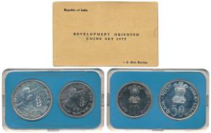 1975 Uncirculated Set, Equality Development and Peace, set of 2, Rupees 10 and 50. In imma