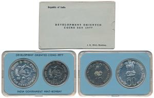 1977 Uncirculated Set, Save for Development, set of 2, Rupees 10 and 50. In immaculate con