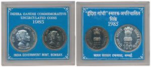 1985 Uncirculated Set, Death of Indira Gandhi, set of 2, Rupees 20 and 100. In immaculate 