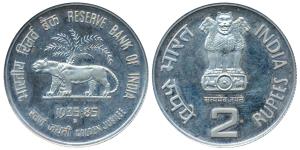 Copper Nickel Rupees 2, 1985, Golden Jubilee of the Reserve Bank of India. Proof.In plasti