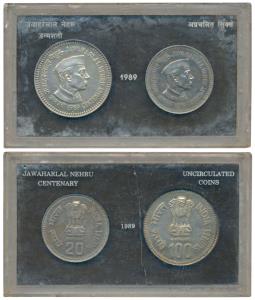 1989 Uncirculated, Jawaharlal Nehru Birth Centenary, set of 2, Rupees 20 and 100. Plastic 