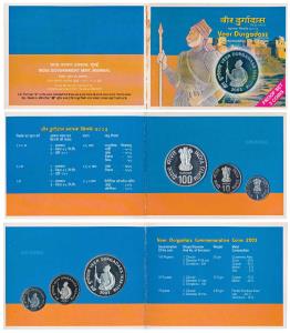 2003 Proof Set, Veer Durgadass, set of 3, Rupee 1 to 100. In immaculate condition, within 