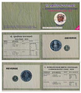 2010 Uncirculated Set, C. Subramaniam Birth Centenary, set of 2, Rupees 5 and 100. In imma